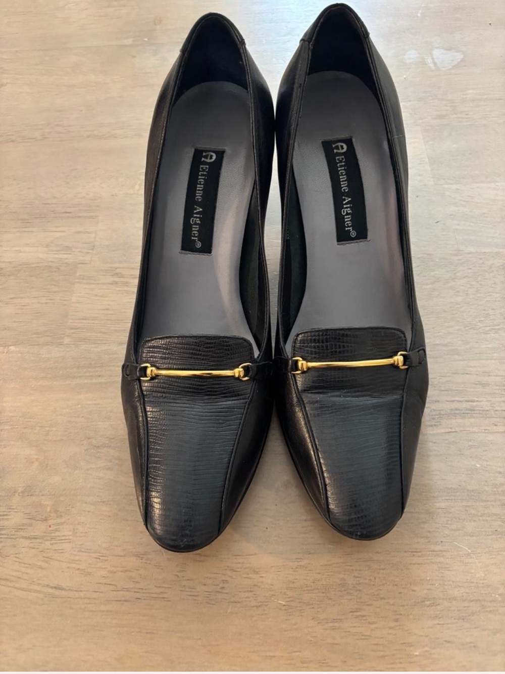 Etienne Aigner Black Leather Loafers with Gold Bit